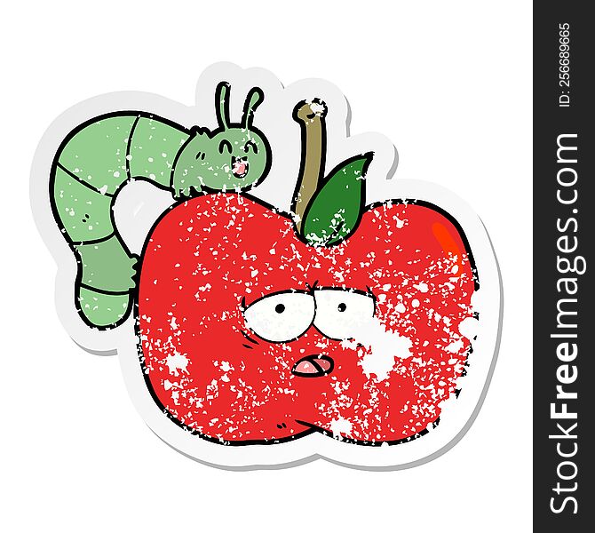 Distressed Sticker Of A Cartoon Apple And Bug