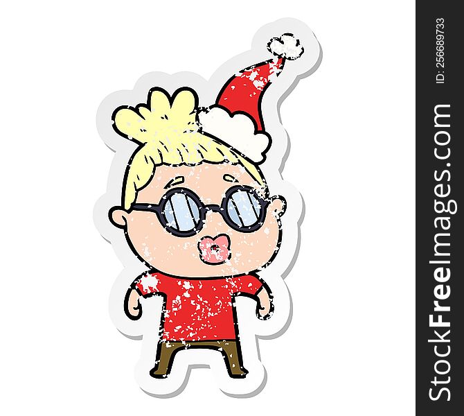 Distressed Sticker Cartoon Of A Woman Wearing Spectacles Wearing Santa Hat