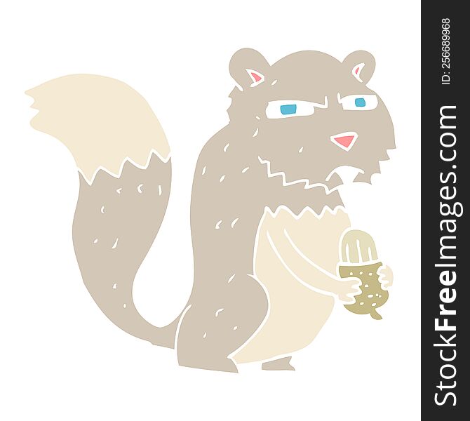 Flat Color Illustration Of A Cartoon Angry Squirrel With Nut