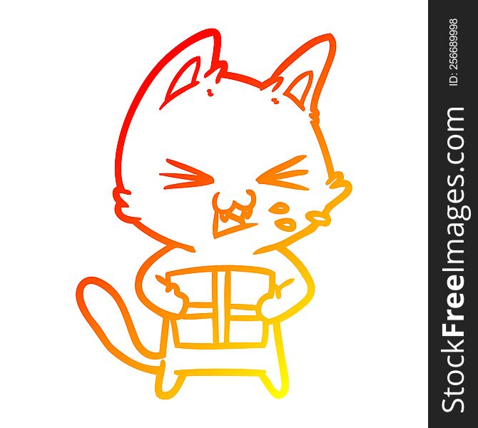 warm gradient line drawing of a cartoon hissing cat with christmas present