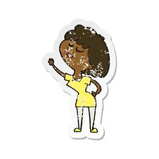 Retro Distressed Sticker Of A Cartoon Happy Woman About To Speak Stock Image