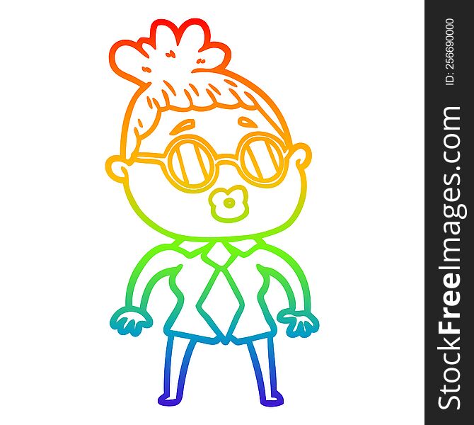 Rainbow Gradient Line Drawing Cartoon Office Woman Wearing Spectacles