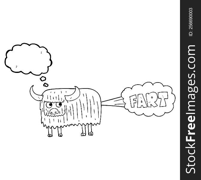 freehand drawn thought bubble cartoon hairy cow farting