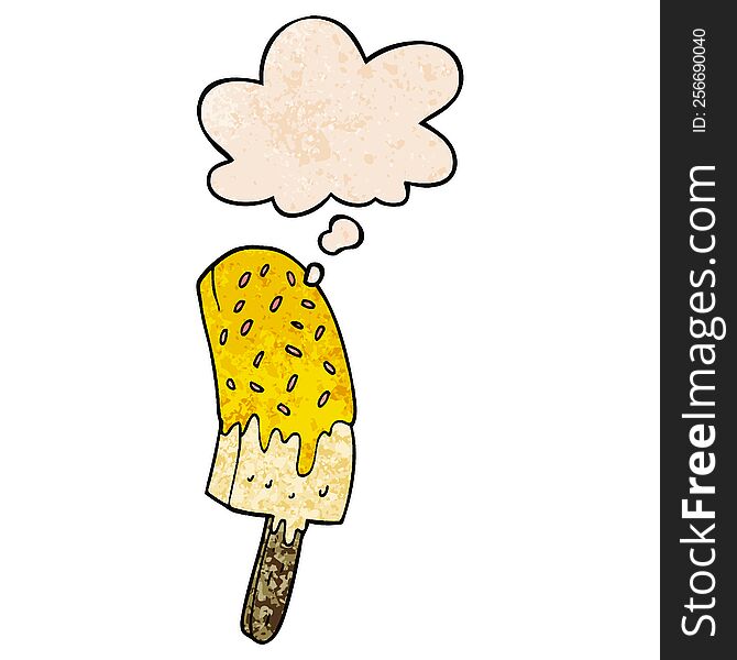 cartoon ice cream lolly with thought bubble in grunge texture style. cartoon ice cream lolly with thought bubble in grunge texture style