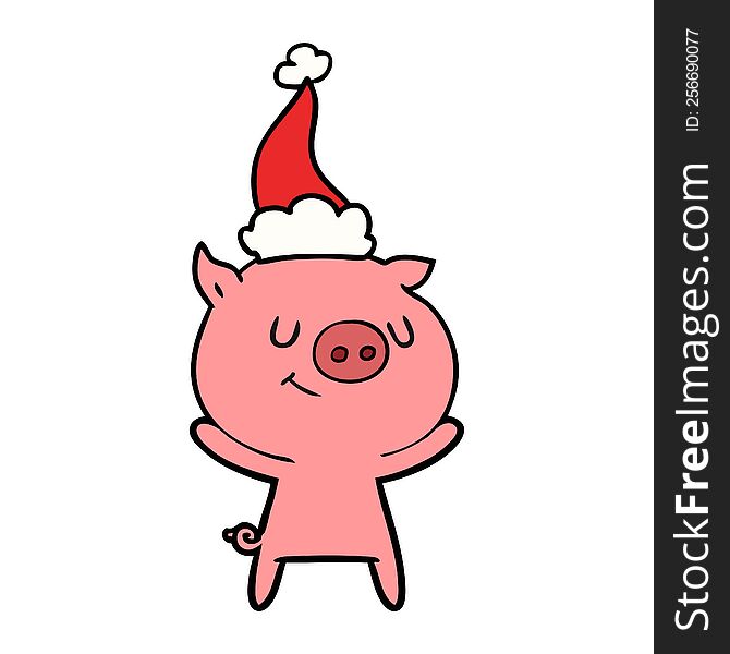 Happy Line Drawing Of A Pig Wearing Santa Hat