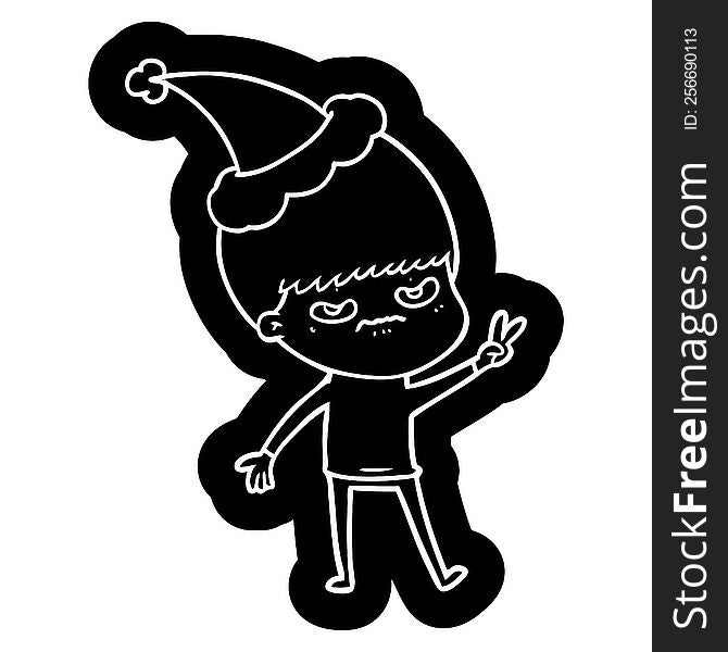 annoyed quirky cartoon icon of a boy wearing santa hat
