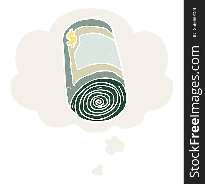 cartoon roll of money with thought bubble in retro style