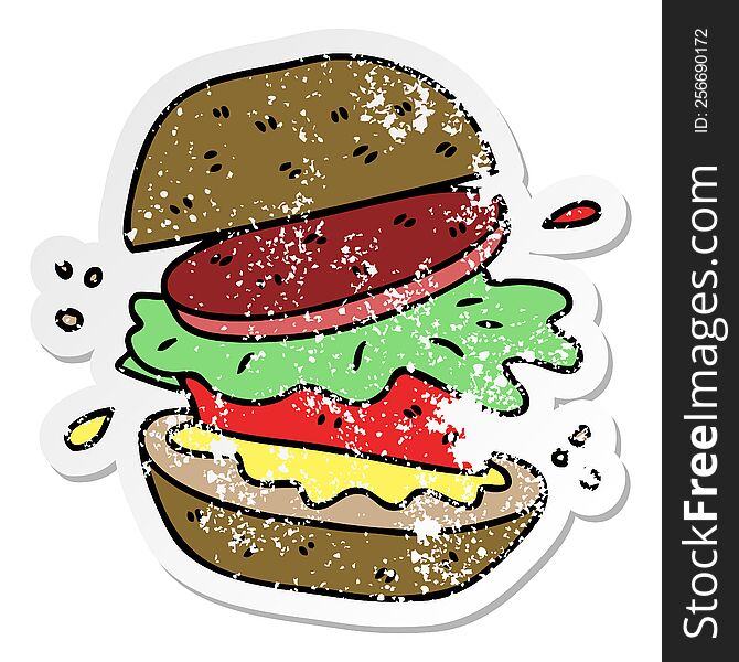 distressed sticker of a quirky hand drawn cartoon veggie burger