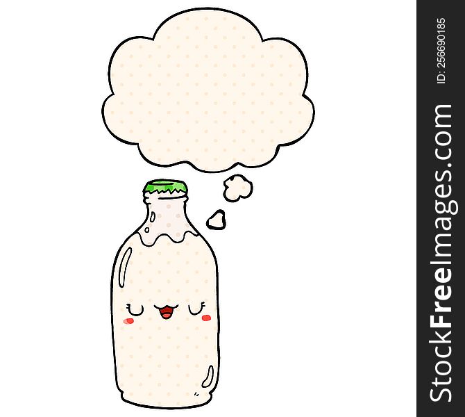 Cute Cartoon Milk Bottle And Thought Bubble In Comic Book Style