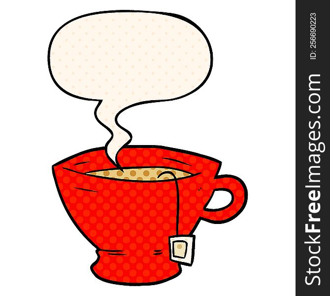 cartoon cup of tea with speech bubble in comic book style