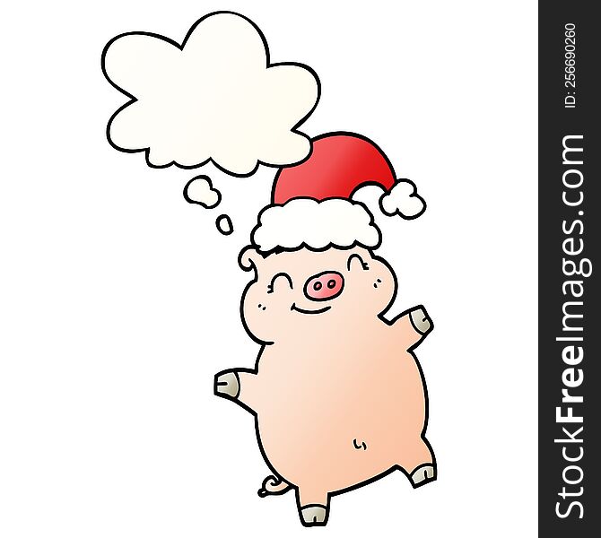 cartoon happy christmas pig with thought bubble in smooth gradient style