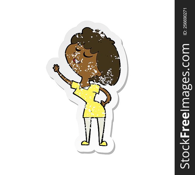 retro distressed sticker of a cartoon happy woman about to speak