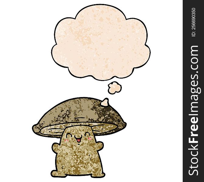 Cartoon Mushroom Character And Thought Bubble In Grunge Texture Pattern Style
