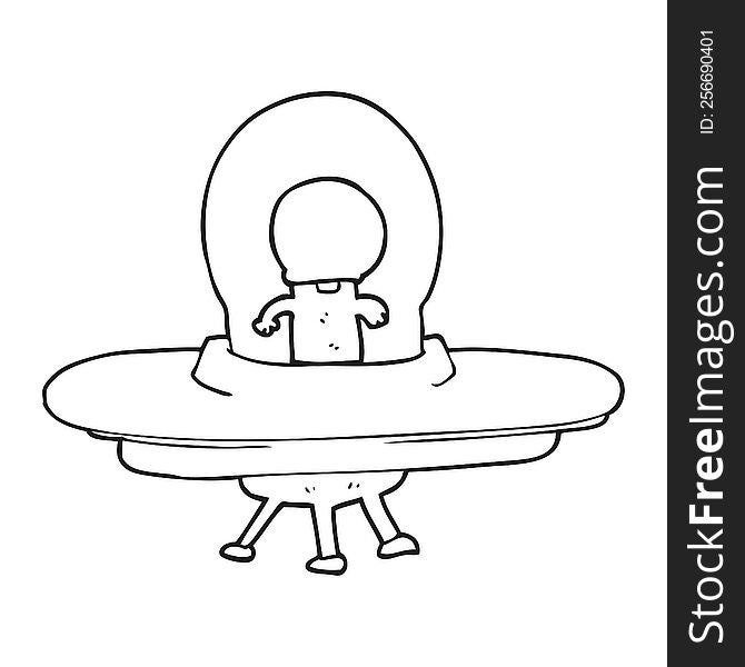 Black And White Cartoon Alien In Flying Saucer