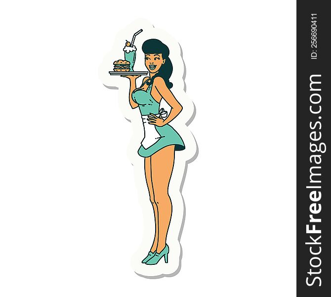 sticker of tattoo in traditional style of a pinup waitress girl. sticker of tattoo in traditional style of a pinup waitress girl