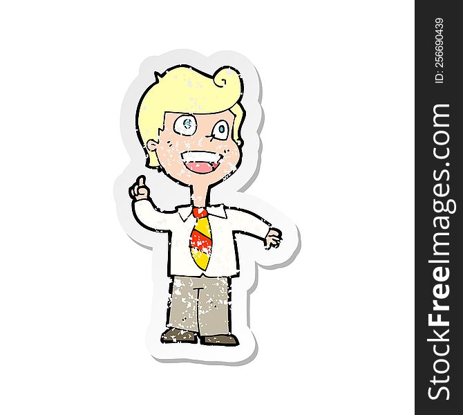 retro distressed sticker of a cartoon school boy raising hand