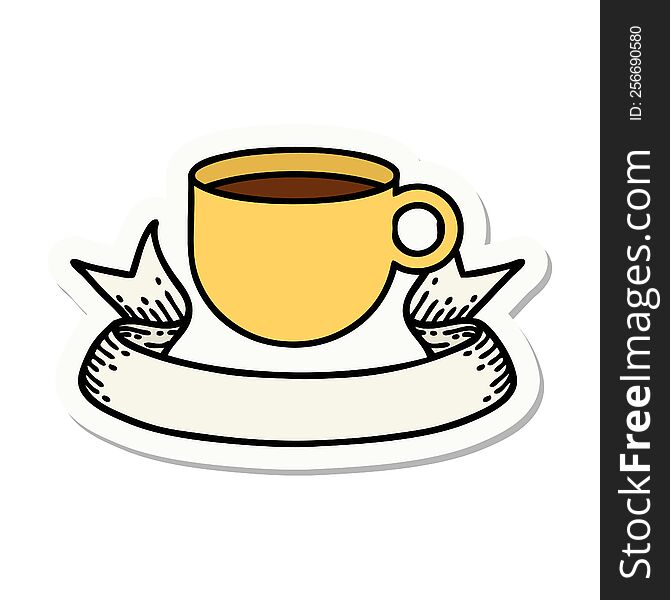 tattoo style sticker with banner of cup of coffee