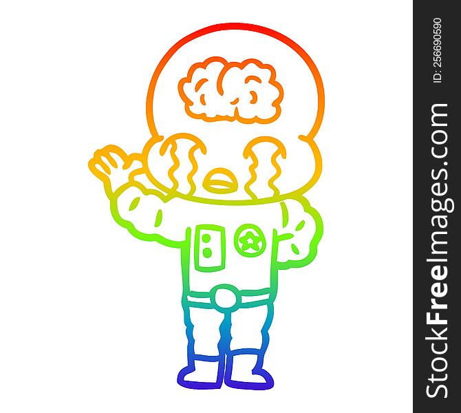 rainbow gradient line drawing of a cartoon big brain alien crying