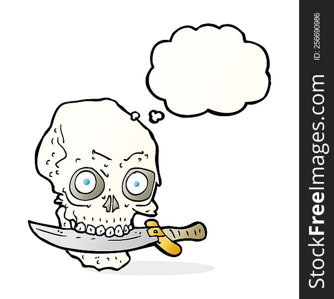 cartoon pirate skull with knife in teeth with thought bubble