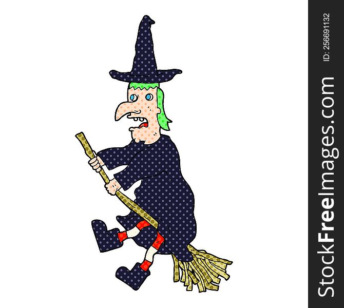 freehand drawn cartoon witch flying on broom