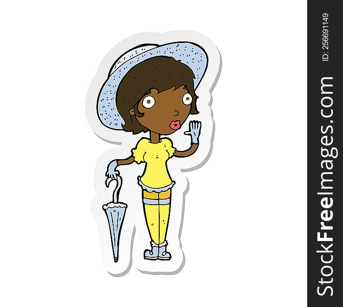 sticker of a cartoon woman in summer hat waving