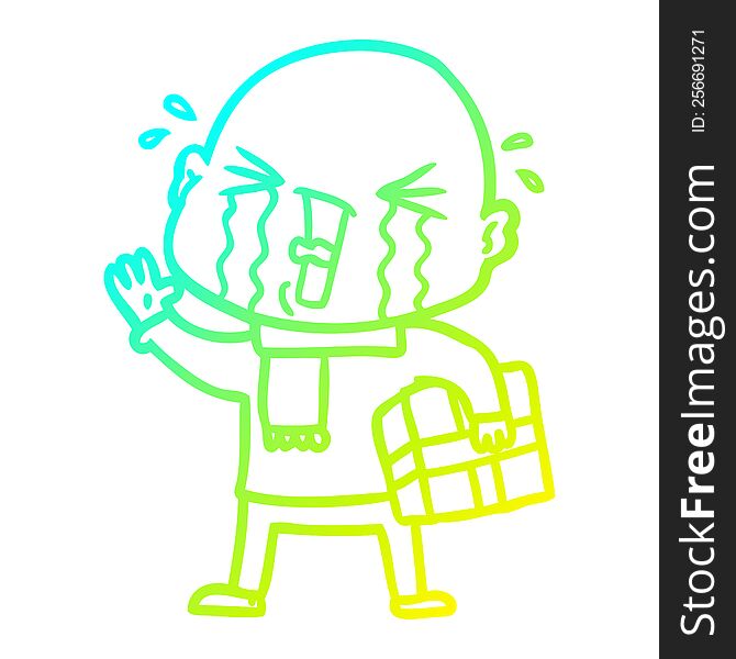 Cold Gradient Line Drawing Cartoon Crying Bald Man
