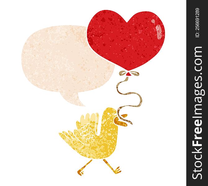 Cartoon Bird With Heart Balloon And Speech Bubble In Retro Textured Style