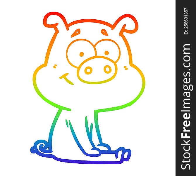 Rainbow Gradient Line Drawing Happy Cartoon Pig Sitting