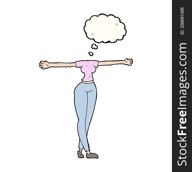 freehand drawn thought bubble cartoon female body with wide arms