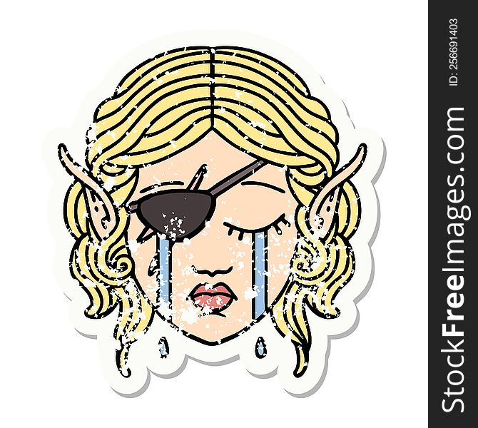 grunge sticker of a crying elf rogue character face. grunge sticker of a crying elf rogue character face