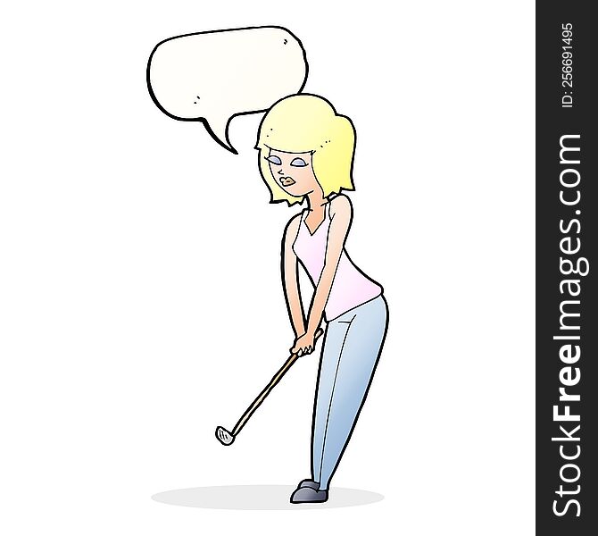 Cartoon Woman Playing Golf With Speech Bubble