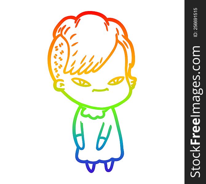 Rainbow Gradient Line Drawing Cute Cartoon Girl With Hipster Haircut