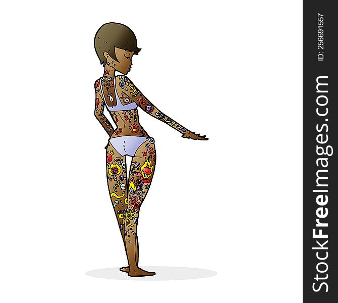 cartoon bikini girl covered in tattoos