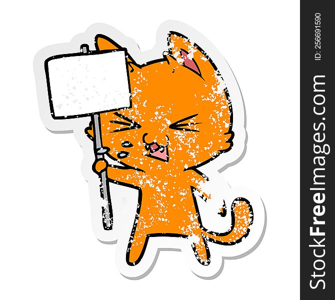 distressed sticker of a cartoon cat protesting