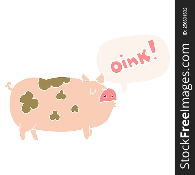cartoon oinking pig with speech bubble in retro style