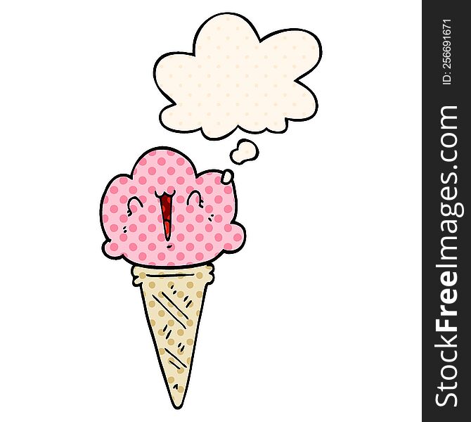 Cartoon Ice Cream With Face And Thought Bubble In Comic Book Style