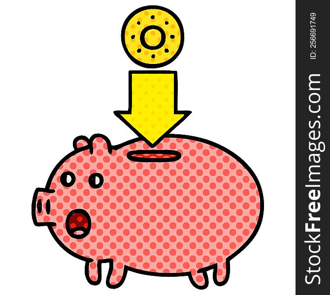 comic book style cartoon of a piggy bank