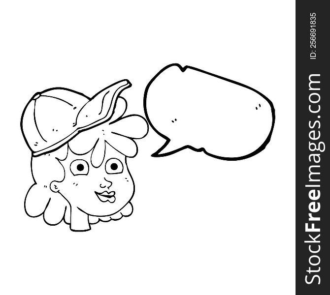 freehand drawn speech bubble cartoon woman wearing cap. freehand drawn speech bubble cartoon woman wearing cap