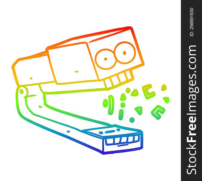 rainbow gradient line drawing of a crazy cartoon stapler