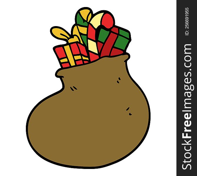 cartoon doodle bag of christmas presents