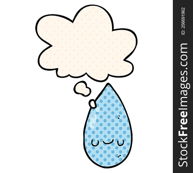 cartoon cute raindrop with thought bubble in comic book style