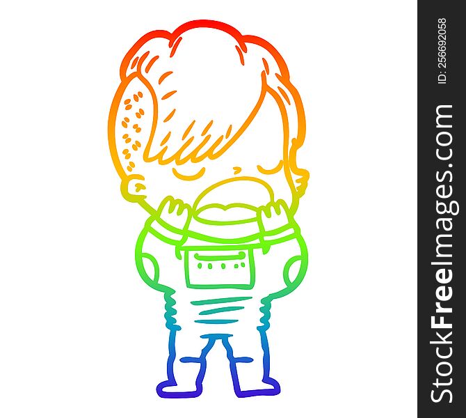 rainbow gradient line drawing of a cartoon cool hipster girl in space suit