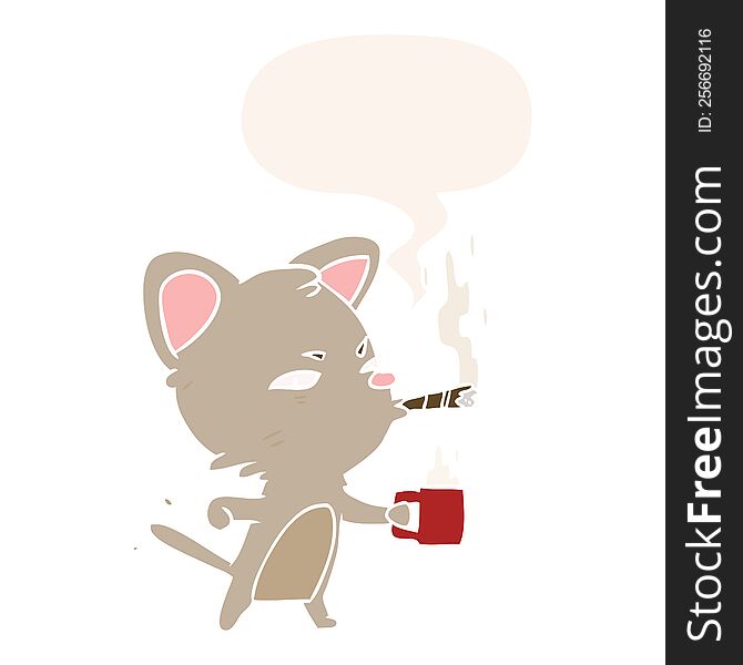 Cartoon Serious Business Cat And Coffee And Cigar And Speech Bubble In Retro Style