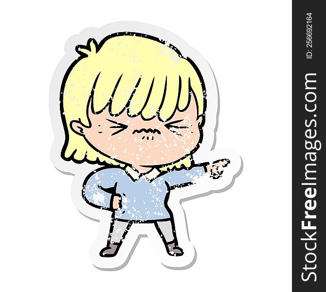 Distressed Sticker Of A Annoyed Cartoon Girl Pointing