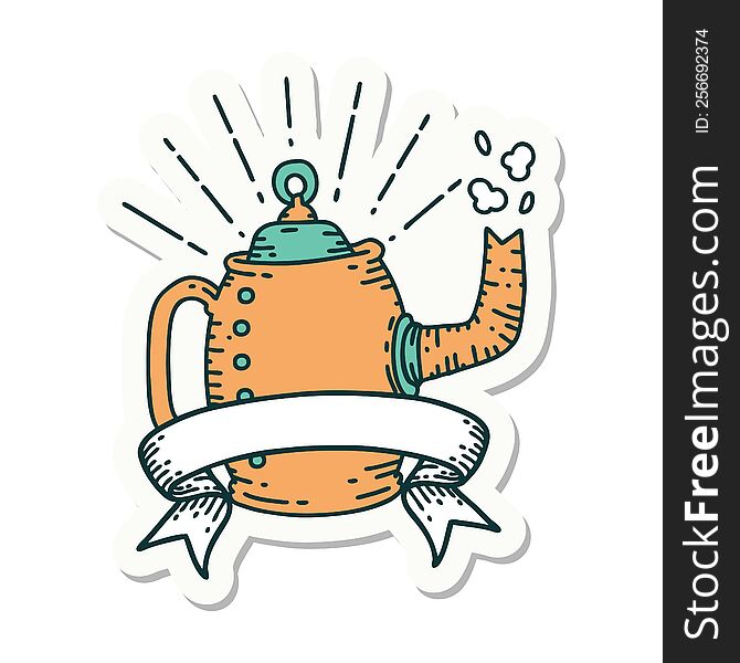 sticker of tattoo style old coffee pot steaming