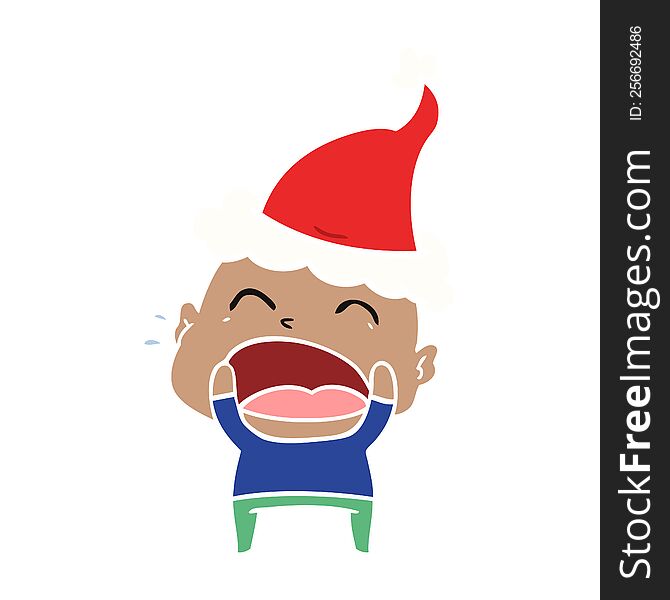 hand drawn flat color illustration of a shouting bald man wearing santa hat