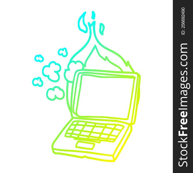 cold gradient line drawing of a cartoon broken laptop computer