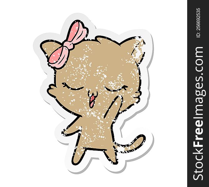 Distressed Sticker Of A Cartoon Cat With Bow On Head Waving