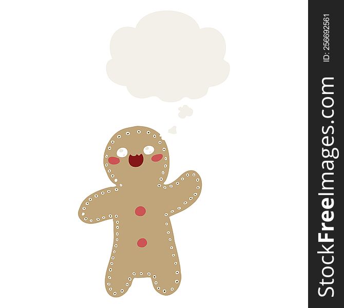 cartoon gingerbread man with thought bubble in retro style