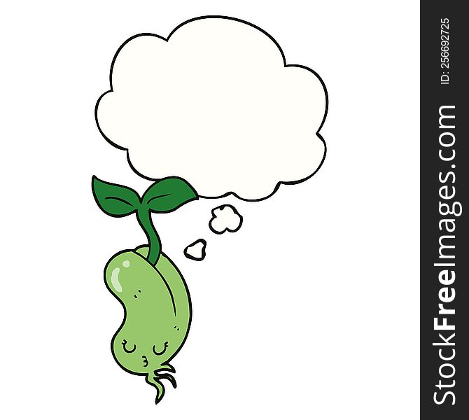 cartoon sprouting bean with thought bubble. cartoon sprouting bean with thought bubble